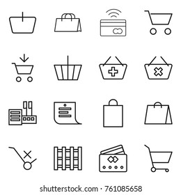 Thin line icon set : basket, shopping bag, tap to pay, cart, add, delete, store, list, do not trolley sign, pallet, credit card