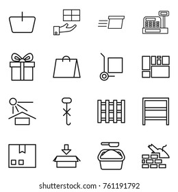 Thin line icon set : basket, gift, delivery, cashbox, shopping bag, cargo stoller, consolidated, sun potection, do not hook sign, pallet, rack, package, washing powder, construct garbage