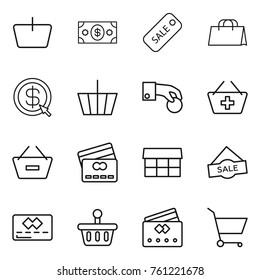 Thin line icon set : basket, money, sale, shopping bag, dollar arrow, hand coin, add to, remove from, credit card, market, cart