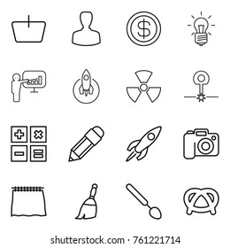 Thin line icon set : basket, man, dollar, bulb, presentation, rocket, nuclear, laser, calculator, pencil, camera, curtain, broom, big spoon, pretzel