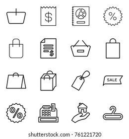 Thin line icon set : basket, receipt, annual report, percent, shopping bag, account balance, remove from, label, sale, cashbox, real estate, hanger
