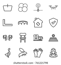 Thin line icon set : basket, atom core, laser, drone, ruler, bridge, smart house, protected, palm hammock, chair, food processor, field, goose, wasp, gloves, cleaner