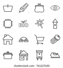 Thin line icon set : basket, marker, purse, eye, chip, bio, bang, tower, home, dome house, cart, jellyfish, pan, hive, iron