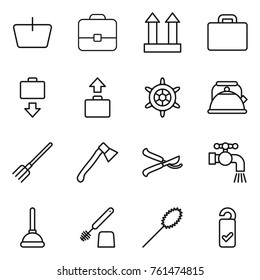 Thin line icon set : basket, portfolio, cargo top sign, suitcase, baggage get, handwheel, kettle, fork, axe, pruner, water tap, plunger, toilet brush, duster, please clean