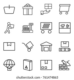 Thin line icon set : basket, gift, delivery, courier, cashbox, tools, package box, trolley, warehouse, transporter tape, parachute, cereals, construct garbage