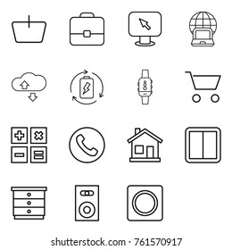 Thin line icon set : basket, portfolio, monitor arrow, notebook globe, cloude service, battery charge, smart watch, cart, calculator, phone, home, power switch, chest of drawers, speaker