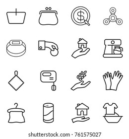 Thin line icon set : basket, purse, dollar arrow, spinner, smart bracelet, hand coin, real estate, coffee maker, rag, mixer, harvest, gloves, hanger, cleanser powder, housing, handle washing
