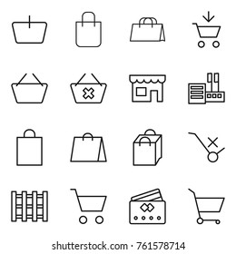 Thin line icon set : basket, shopping bag, add to cart, delete, shop, store, do not trolley sign, pallet, credit card