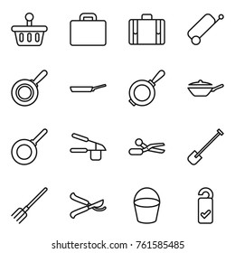 Thin line icon set : basket, suitcase, pan, garlic clasp, scissors, shovel, fork, pruner, bucket, please clean
