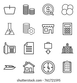 Thin line icon set : basket, coin stack, dollar arrow, atom core, flask, virtual mining, shop, calculator, phone, document, baggage get, hotel, yacht, home, watch, clipboard list