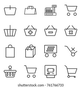 Thin line icon set : basket, shopping bag, cashbox, cart, add to, remove from, delete, delivery, do not trolley sign, atm