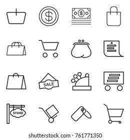 Thin line icon set : basket, dollar, money, shopping bag, cart, purse, list, sale, cashbox, delivery, store signboard, trolley, label