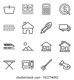 Thin line icon set : basket, money, calculator, dollar arrow, battery, home, pencil, shipping, train, landscape, iron board, microwave oven, fork, wiping