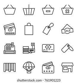 Thin line icon set : basket, remove from, delete cart, credit card, shopping bag, label, sale, cashbox, mall, bar code, parachute delivery, shop