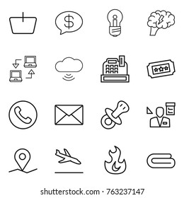 Thin line icon set : basket, money message, bulb, brain, notebook connect, cloud wireless, cashbox, ticket, phone, mail, nipple, architector, geo pin, arrival, fire, towel