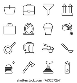 Thin line icon set : basket, portfolio, funnel, cargo top sign, suitcase, mirror, bucket, mixer, pan, kettle, garlic clasp, ladle, hand mill, axe, plunger, please clean