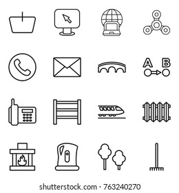 Thin line icon set : basket, monitor arrow, notebook globe, spinner, phone, mail, bridge, route a to b, rack, train, radiator, fireplace, kettle, trees, rake