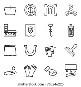 Thin line icon set : basket, dollar arrow, fingerprint, spinner, mansion, tax, do not hook sign, remote control, curtain, horseshoe, wiping, scraper, hand and drop, gloves, dryer