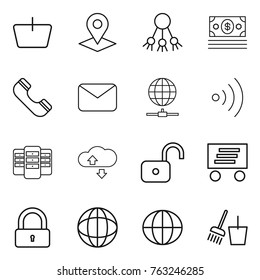 Thin line icon set : basket, pointer, share, money, phone, mail, globe connect, wireless, server, cloude service, unlock, delivery, lock, bucket and broom
