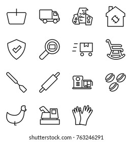 Thin line icon set : basket, delivery, modern architecture, smart house, protected, cargo search, fast deliver, rocking chair, spatula, rolling pin, food processor, coffee seeds, chicken, harvester