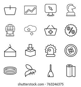 Thin line icon set : basket, statistics, monitor arrow, chess horse, notebook globe, cloude service, add to, percent, loading crane, package, alarm, cooler fan, inflatable pool, wasp, broom