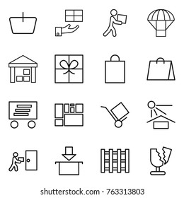 Thin line icon set : basket, gift, courier, parachute, warehouse, shopping bag, delivery, consolidated cargo, trolley, sun potection, package, pallet, broken