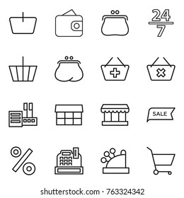 Thin line icon set : basket, wallet, purse, 24 7, add to, delete cart, store, market, sale, percent, cashbox