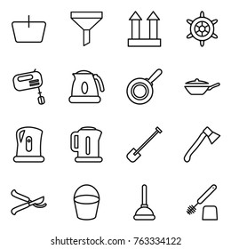 Thin line icon set : basket, funnel, cargo top sign, handwheel, mixer, kettle, pan, shovel, axe, pruner, bucket, plunger, toilet brush