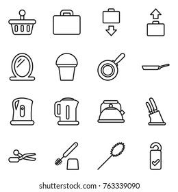 Thin line icon set : basket, suitcase, baggage get, mirror, bucket, pan, kettle, knife holder, scissors, toilet brush, duster, please clean