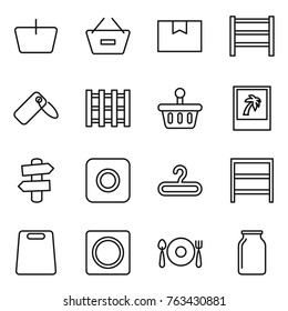 Thin line icon set : basket, remove from, package box, rack, label, pallet, photo, signpost, ring button, hanger, cutting board, fork spoon plate, bank