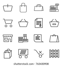 Thin line icon set : basket, shopping bag, cashbox, cart, account balance, remove from, shop, store, list, delivery, do not trolley sign, pallet