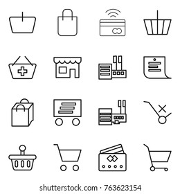 Thin line icon set : basket, shopping bag, tap to pay, add, shop, store, list, delivery, mall, do not trolley sign, cart, credit card