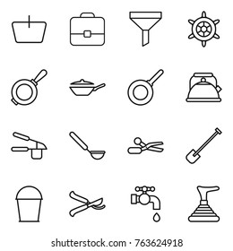 Thin line icon set : basket, portfolio, funnel, handwheel, pan, kettle, garlic clasp, ladle, scissors, shovel, bucket, pruner, water tap, plunger