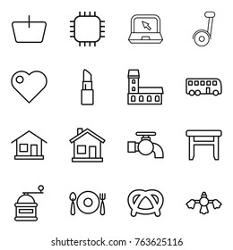 Thin line icon set : basket, chip, notebook, segway, heart, lipstick, mansion, bus, home, water tap, stool, hand mill, fork spoon plate, pretzel, hard reach place cleaning