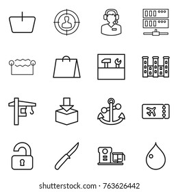 Thin line icon set : basket, target audience, call center, server, electrostatic, shopping bag, tools, palace, tower crane, package, anchor, ticket, unlocked, knife, food processor, drop