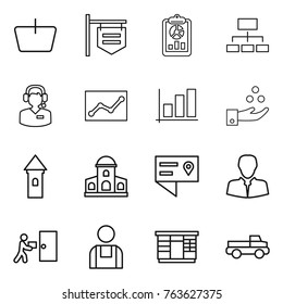 Thin line icon set : basket, shop signboard, report, hierarchy, call center, statistics, graph, chemical industry, tower, mansion, location details, client, courier delivery, workman, wardrobe