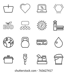 Thin line icon set : basket, heart, notebook, hex molecule, bio, structure, sun power, church, globe, heavy, bus, drop, pan, handle scales, harvester, foam bucket