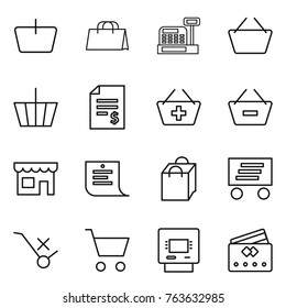 Thin line icon set : basket, shopping bag, cashbox, account balance, add to, remove from, shop, list, delivery, do not trolley sign, cart, atm, credit card