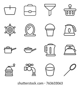 Thin line icon set : basket, portfolio, funnel, handwheel, mirror, bucket, kettle, saute pan, hand mill, water tap, duster