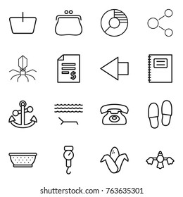 Thin line icon set : basket, purse, circle diagram, molecule, virus, account balance, left arrow, copybook, anchor, lounger, phone, slippers, colander, handle scales, corn, hard reach place cleaning