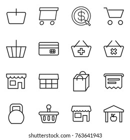 Thin line icon set : basket, delivery, dollar arrow, cart, credit card, add to, delete, shop, market, shopping bag, atm receipt, heavy, warehouse