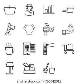 Thin line icon set : basket, call center, graph, delivery, courier, hex molecule, satellite, chemical industry, hot drink, houses, lighthouse, baggage trolley, floor lamp, harvester