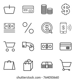 Thin line icon set : basket, card, coin stack, dollar, money, percent, arrow, phone pay, cart, hand, credit, shopping bag