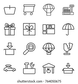 Thin line icon set : basket, delivery, parachute, cashbox, gift, consolidated cargo, dry, package, search, broken, car baggage, repair tools, warehouse