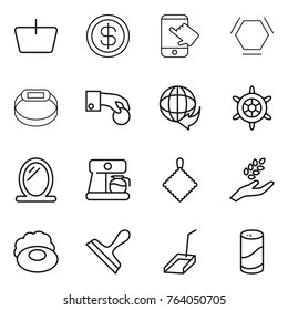 Thin line icon set : basket, dollar, touch, hex molecule, smart bracelet, hand coin, delivery, handwheel, mirror, coffee maker, rag, harvest, soap, scraper, scoop, cleanser powder
