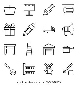Thin line icon set : basket, billboard, marker, nano tube, gift, pencil, shipping, loudspeaker, stool, stairs, garage, saute pan, skimmer, watering, windmill, toilet brush