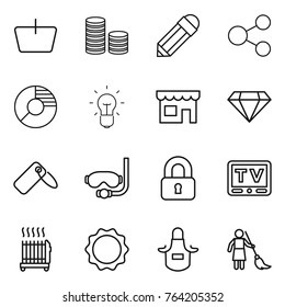 Thin line icon set : basket, coin stack, pencil, share, circle diagram, bulb, shop, diamond, label, diving mask, locked, tv, radiator, induction oven, apron, brooming