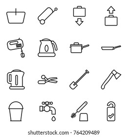 Thin line icon set : basket, suitcase, baggage get, mixer, kettle, saute pan, scissors, shovel, axe, bucket, water tap, toilet brush, please clean