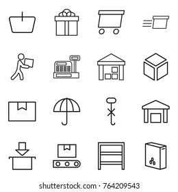 Thin line icon set : basket, gift, delivery, courier, cashbox, warehouse, 3d, package box, dry cargo, do not hook sign, transporter tape, rack, cereals