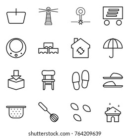 Thin line icon set : basket, lighthouse, laser, delivery, necklace, block wall, smart house, dry cargo, package, chair, slippers, colander, whisk, seeds, cleaning